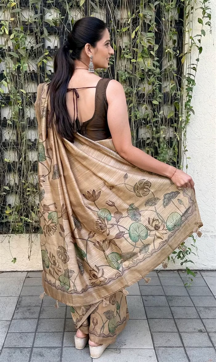 Woman in Water Lotus Garden print saree.