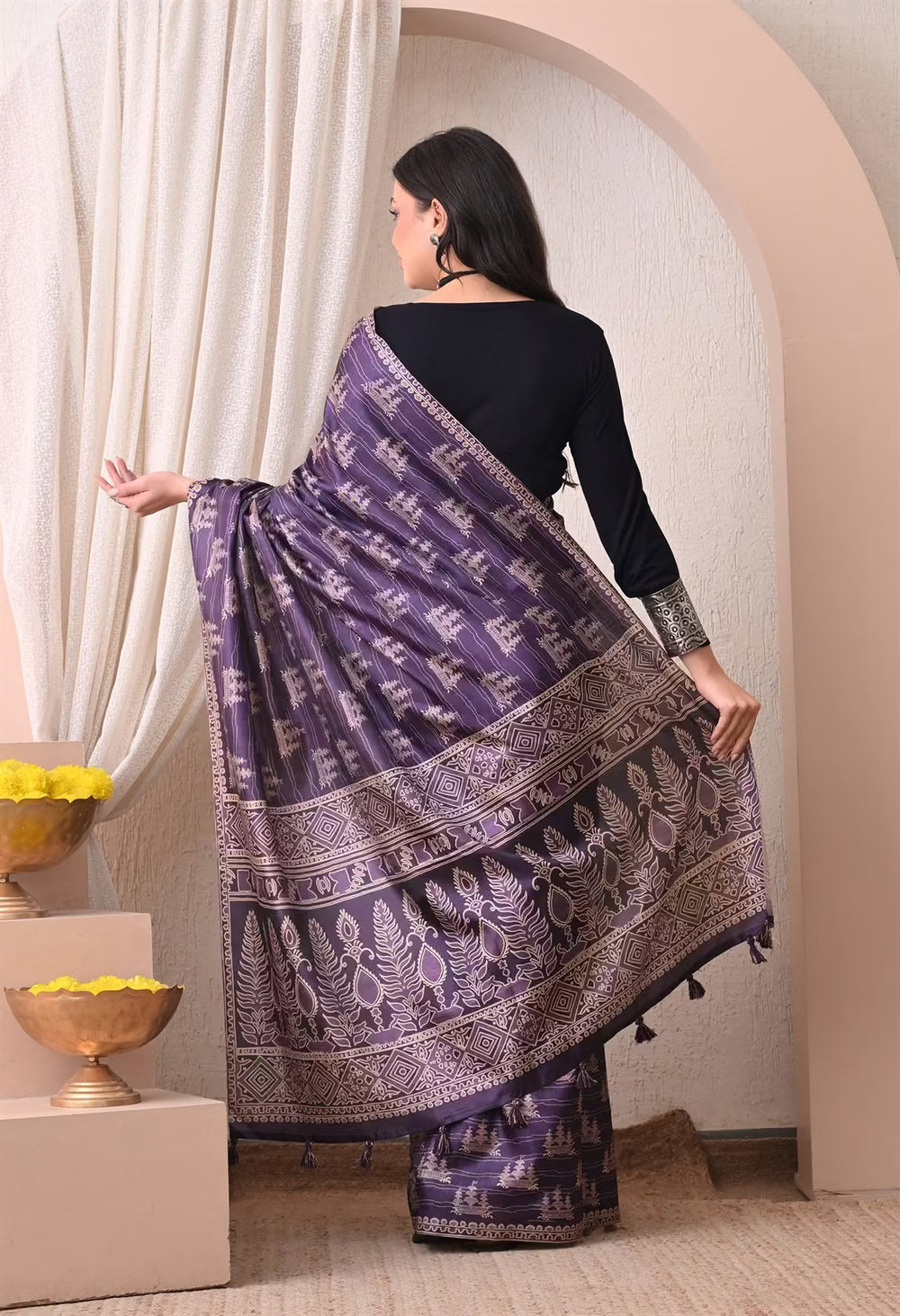 Woman in Purple Colour Block Print Pattern Tussar silk saree.