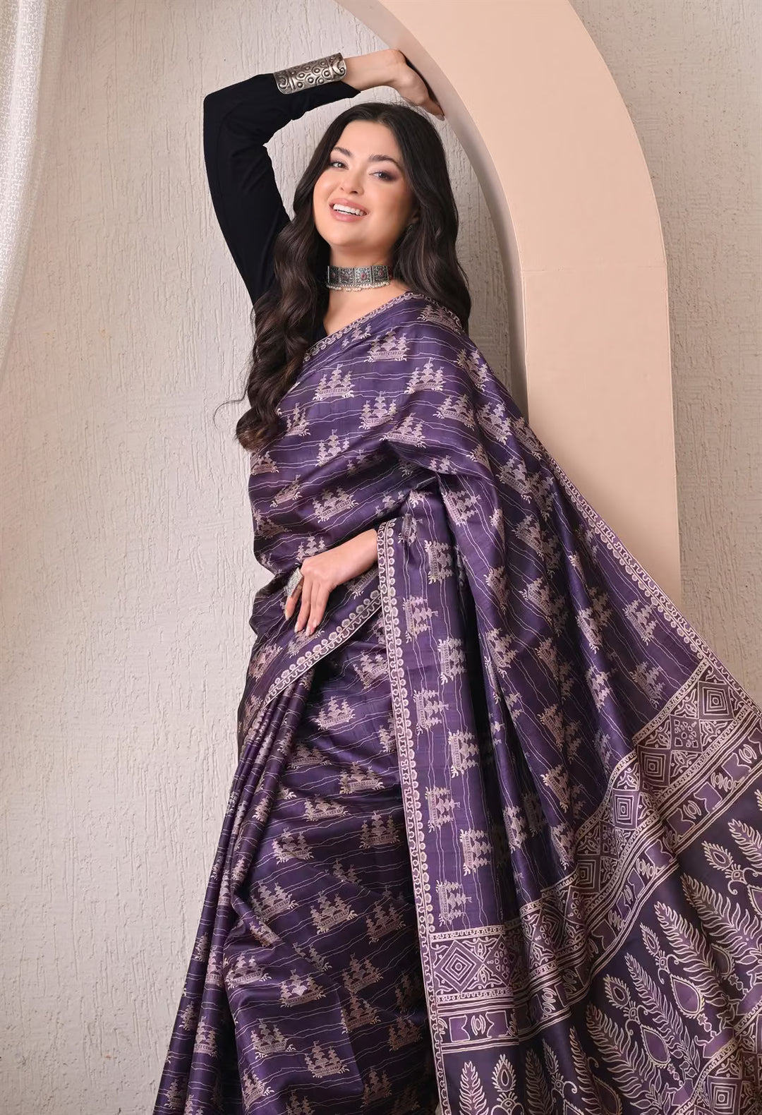 Purple Colour Block Print Pattern Tussar silk saree for woman by Ethnic Today.