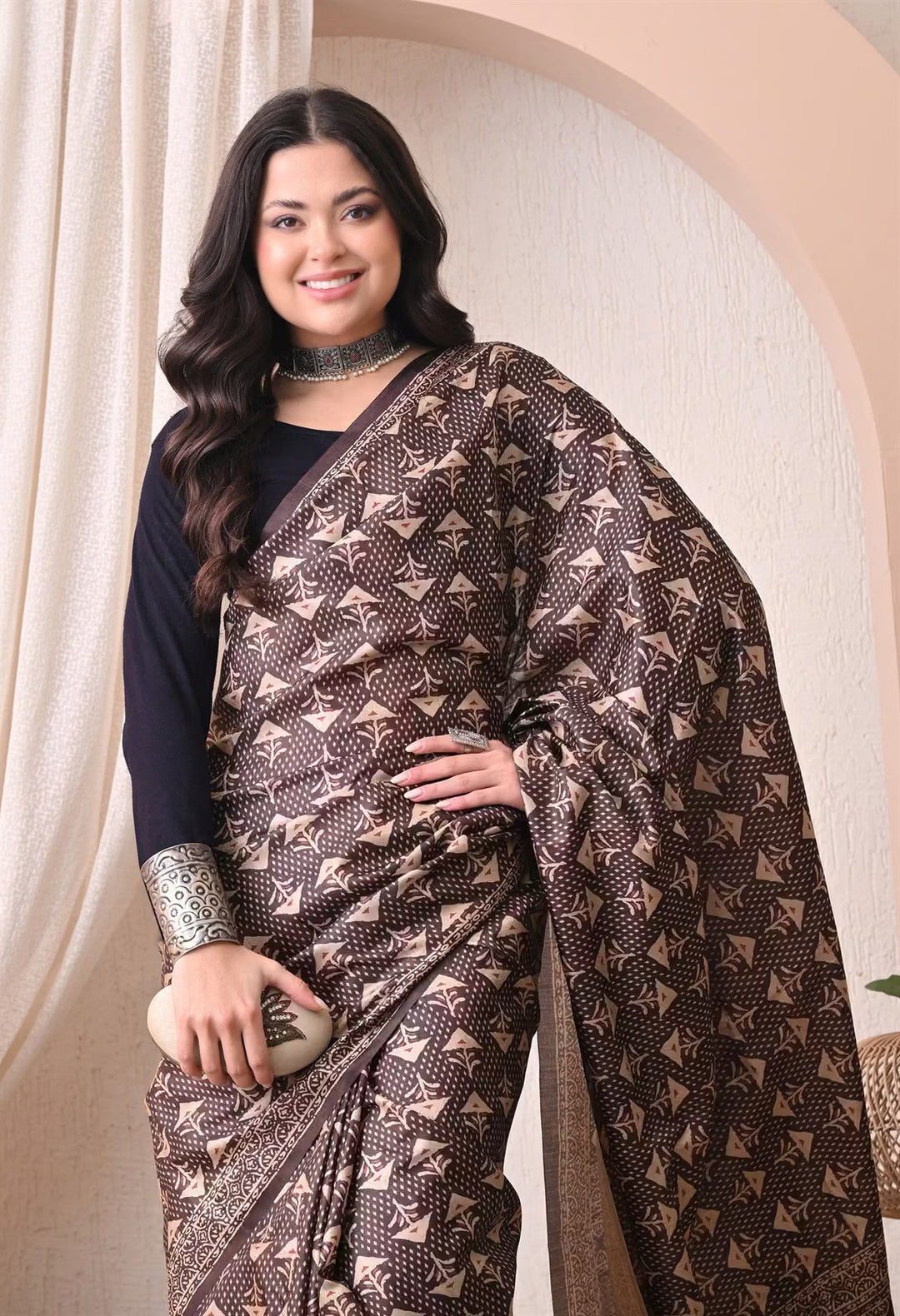 Dark Brown Ajrakh Butti print saree for woman by Ethnic Today.