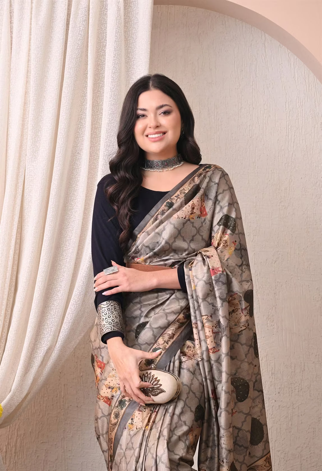 Pichwai Gray Colour Printed saree for woman by Ethnic Today.