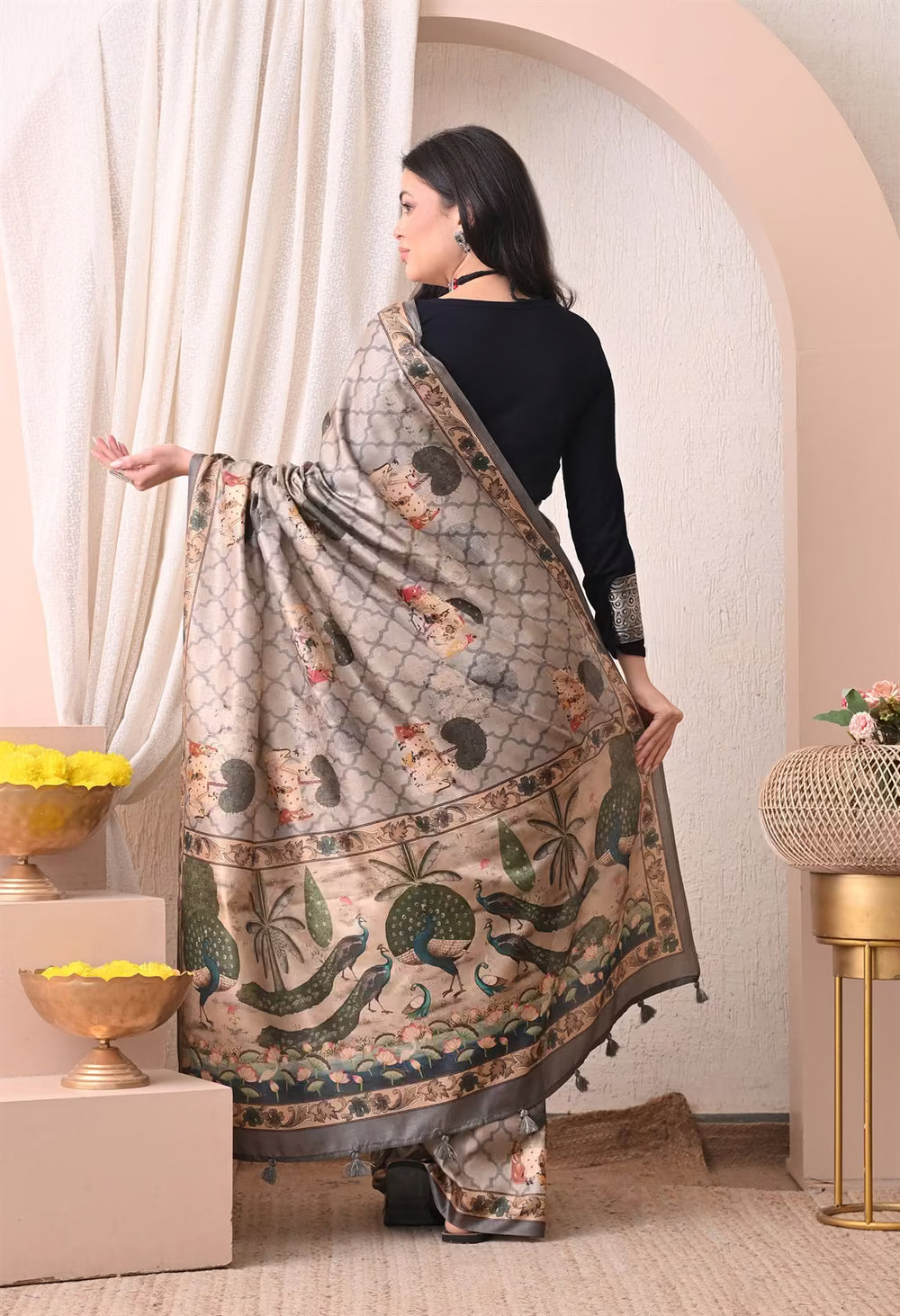 Woman in Pichwai Gray Colour Printed saree.
