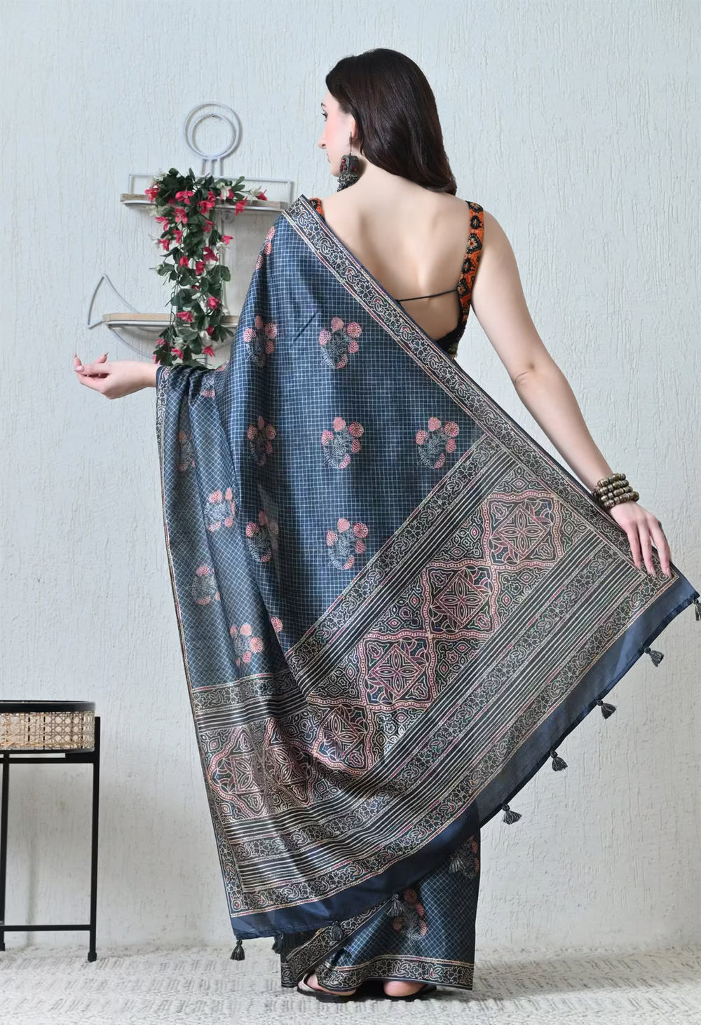 Woman in Ajrakh With Chex Pattern Designer saree.