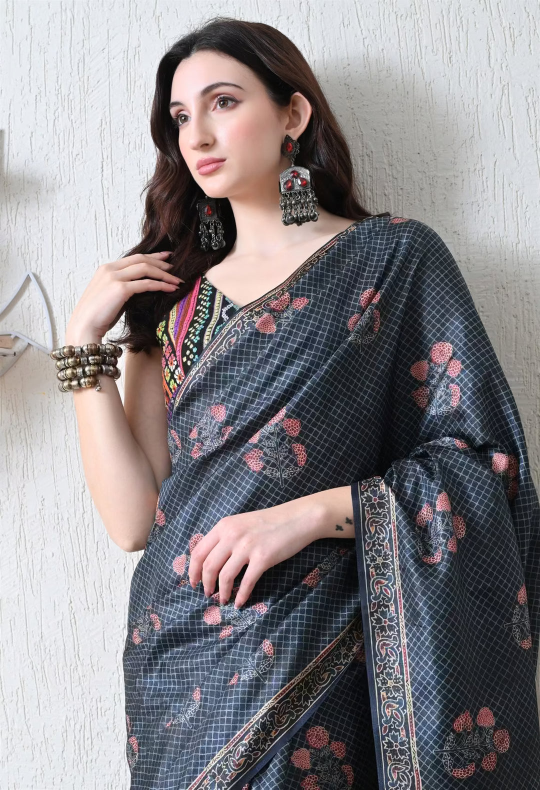 Ajrakh With Chex Pattern Designer saree for woman by Ethnic Today.