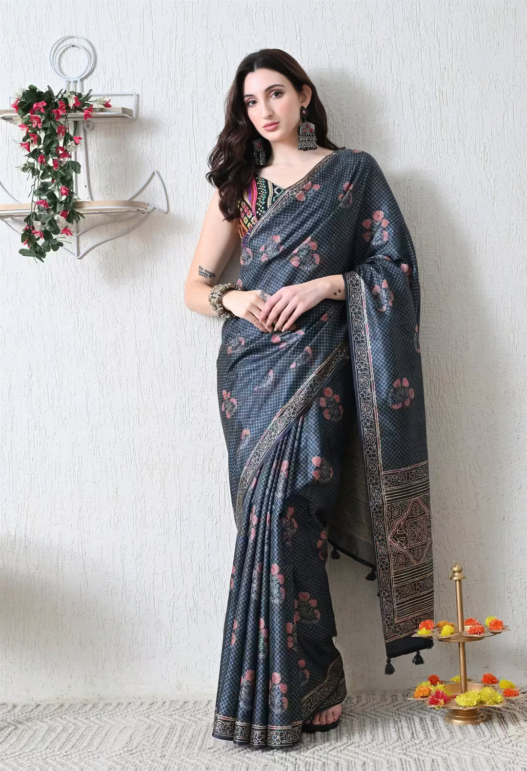 Woman wearing a Ajrakh With Chex Pattern Designer saree.