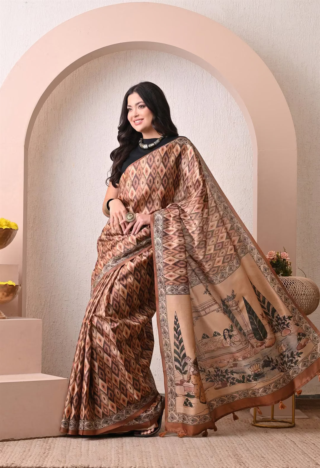 Brown Ikkat Pattern with Kalamkari pallu saree for woman by Ethnic Today.
