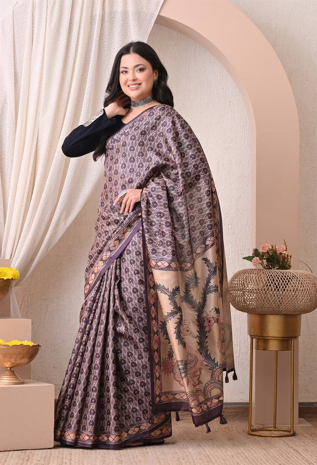Ikkat Pattern in Purple & Cream colour with Kalamkari pallu saree for woman by Ethnic Today.