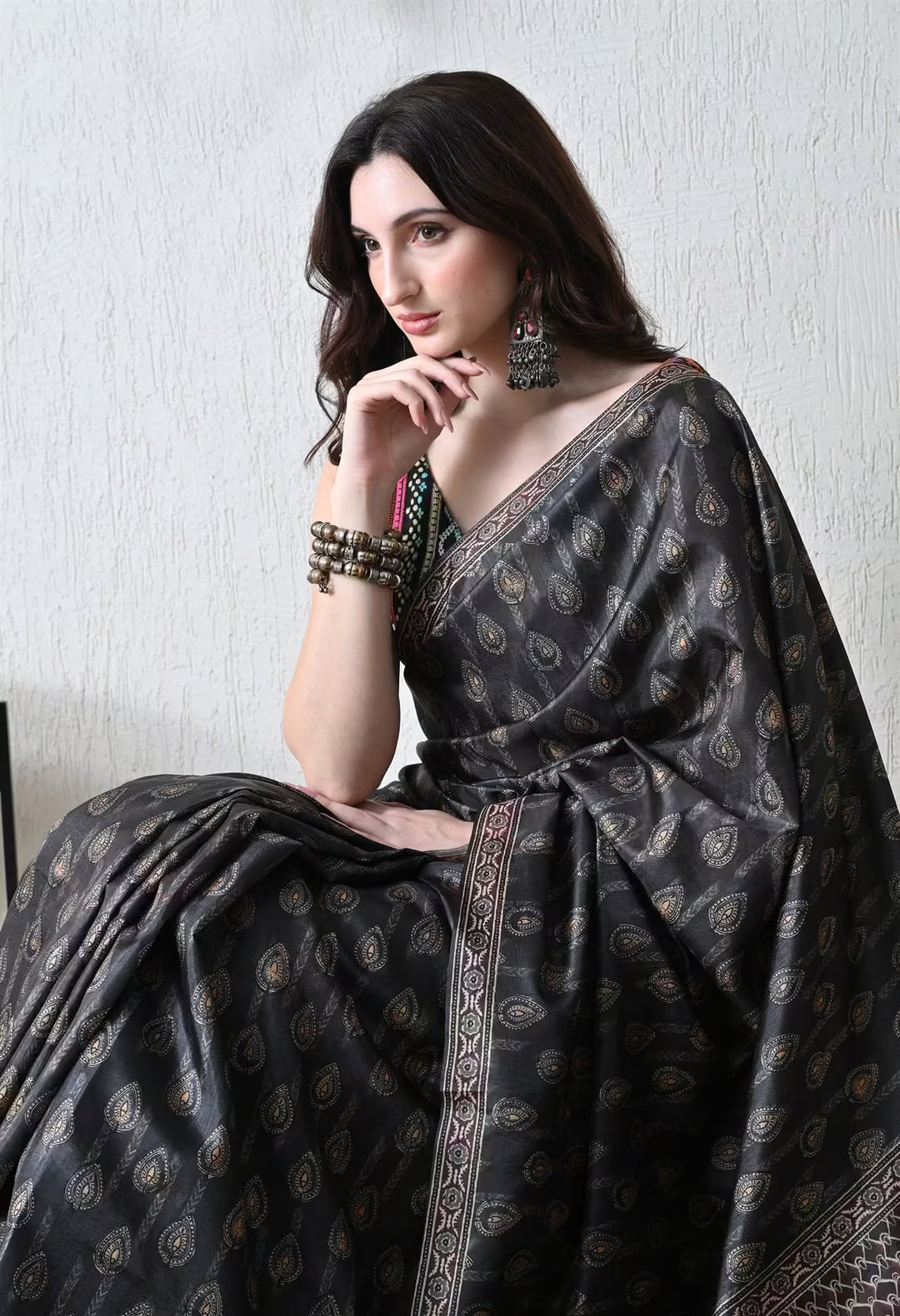 Black Ajrakh Butti Pattern With Pallu Border saree for woman by Ethnic Today.
