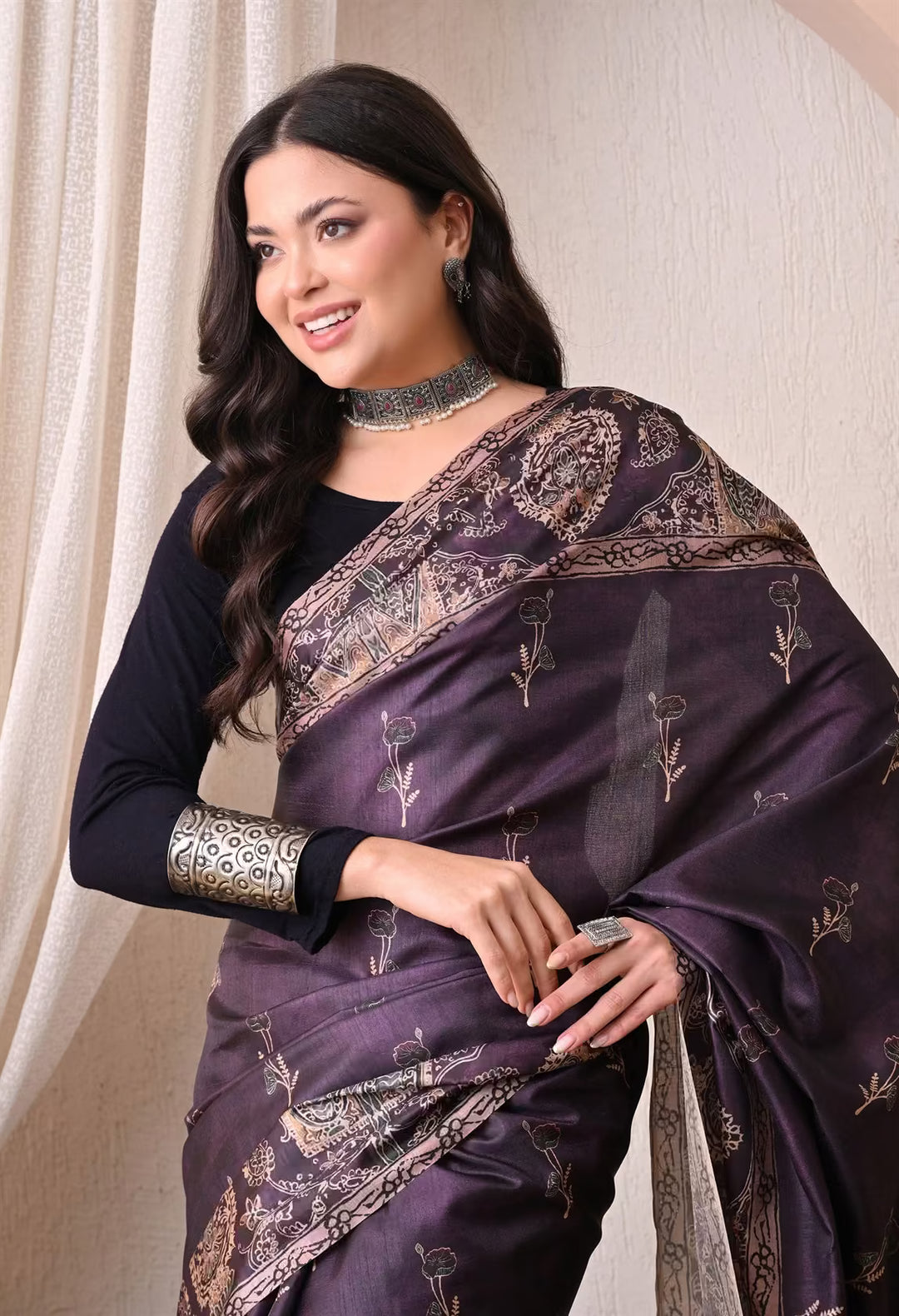 Floral butta in Dark Purple saree with printed border for woman by Ethnic Today.