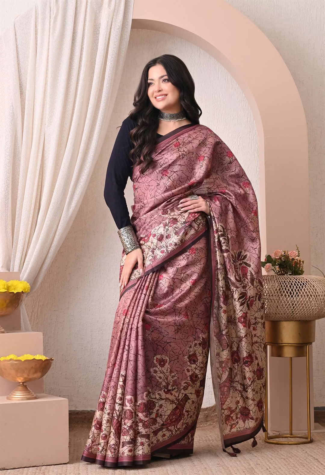 Beautifully detailed Bird and Floral print saree for woman by Ethnic Today.