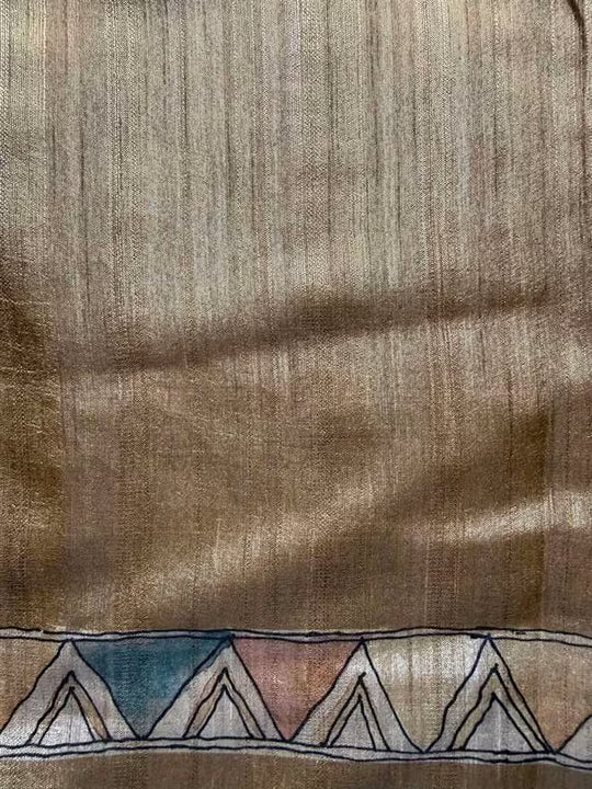 Plain Beige saree blouse with Multicolour Geometric Printed border.
