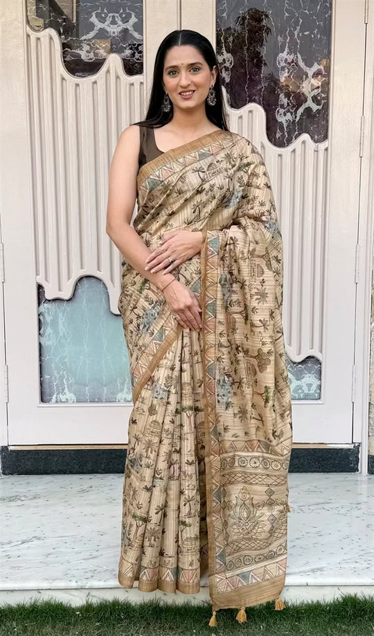 Woman wearing a Forest Village print Soft silk saree.