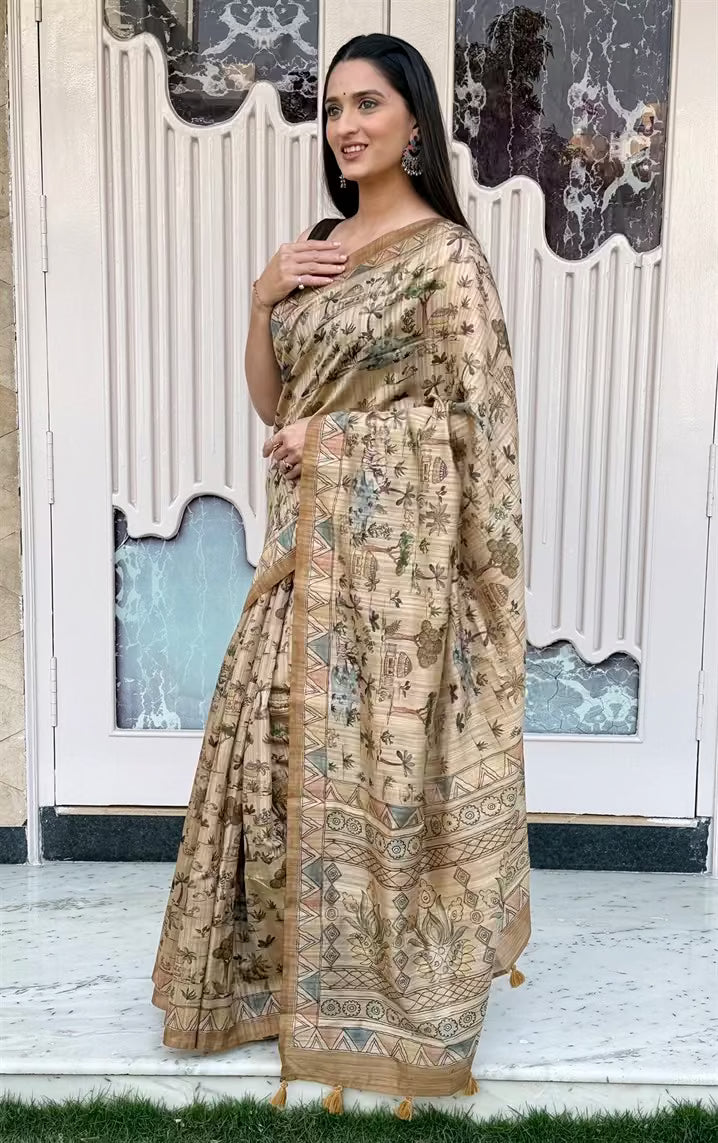 Woman in Forest Village Print Soft silk saree.