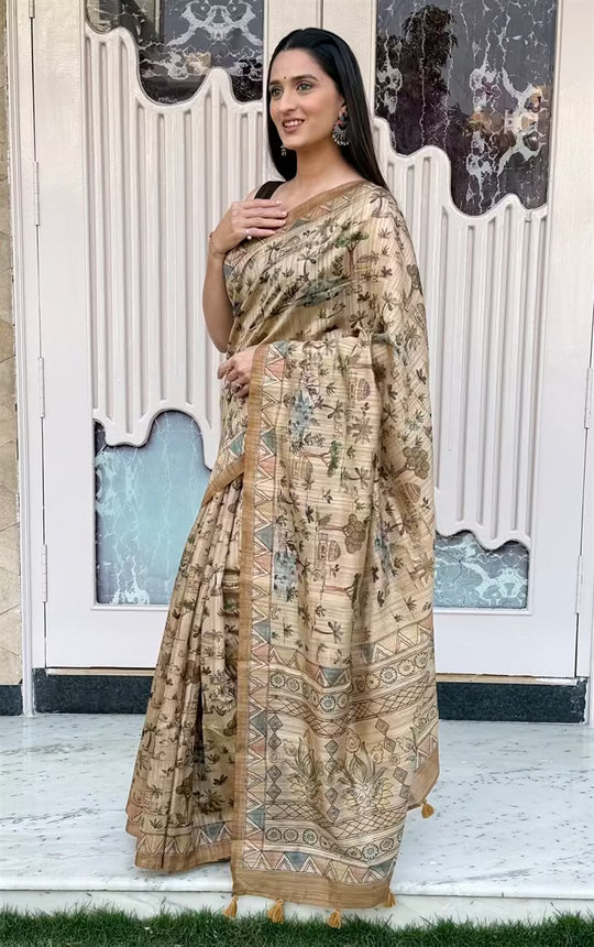 Woman in Forest Village Print Soft silk saree.