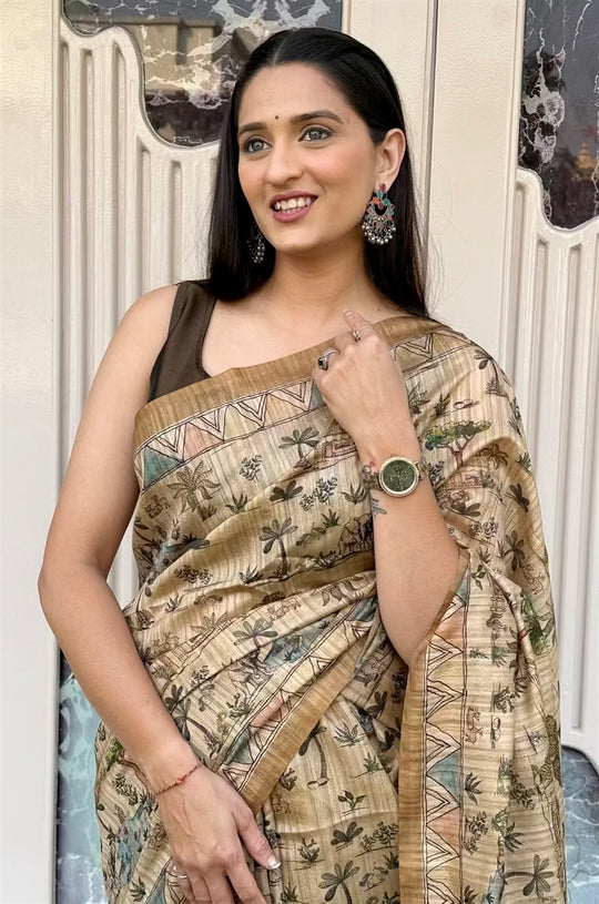 Forest Village print Soft silk saree for woman by Ethnic Today.