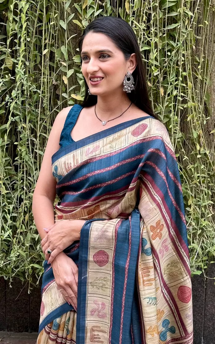 Blue Katha Pattern Wave Pallu saree for woman by Ethnic Today.