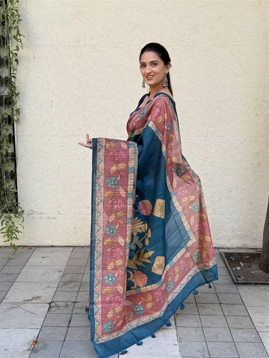 Woman in Blue Big Floral Print Soft Silk Saree.