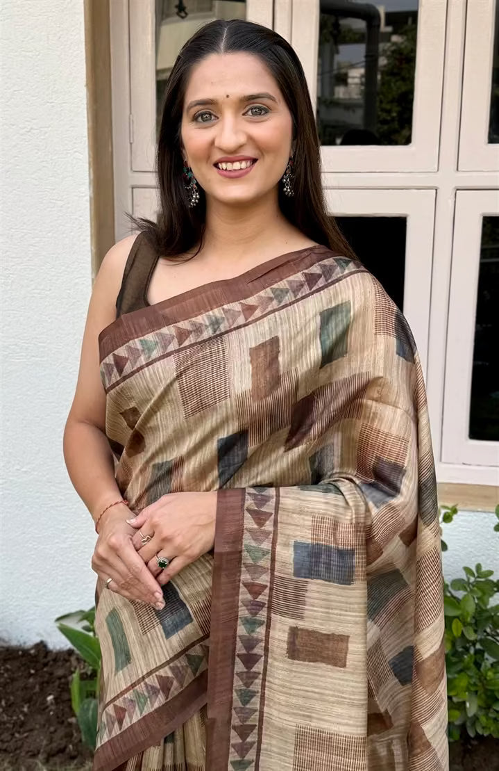 Geometric Block Patchwork with Solid Brown border saree for woman by Ethnic Today.