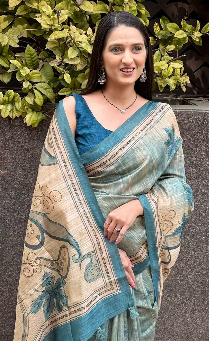Cyan & Beige Botanical Soft silk saree for woman by Ethnic Today.