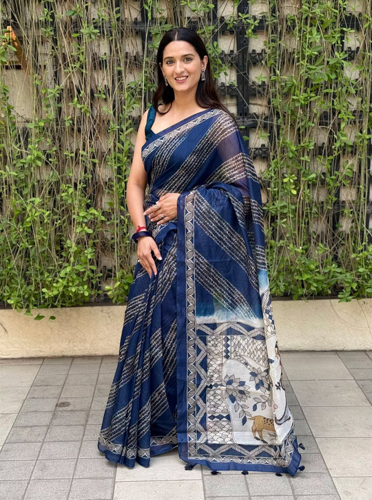 Woman in Stripe with Kalamkari Pallu Silk Saree.