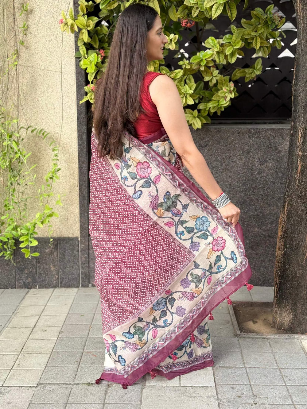 Woman in Red Floral Geometric Print Silk Saree by Ethnic Today.