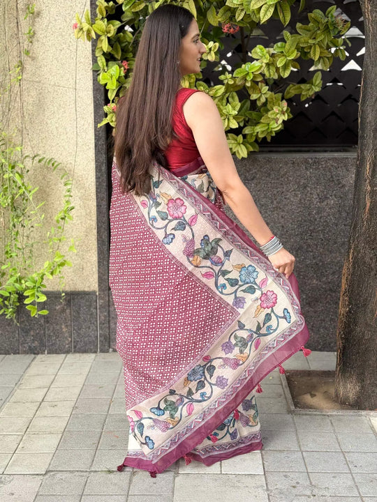 Woman in Red Floral Geometric Print Silk Saree by Ethnic Today.