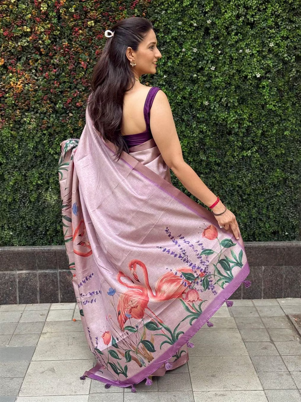 Woman wearing Botanical Flamingo Rose Gold Saree by Ethnic Today.