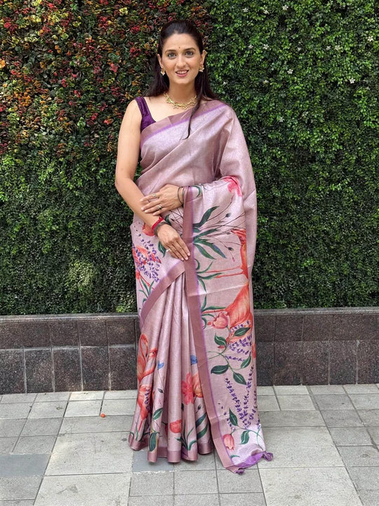 Woman wearing Flamingo With Zari Border Soft Silk Saree against a natural Background