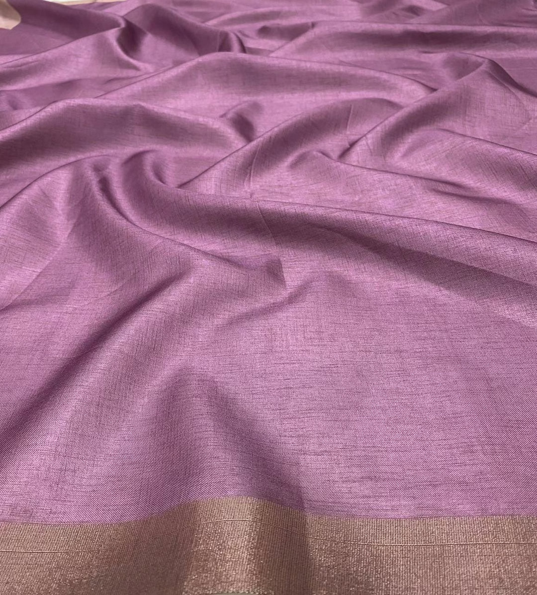 Rose Gold plain fabric with Zari border for woman by Ethnic Today.