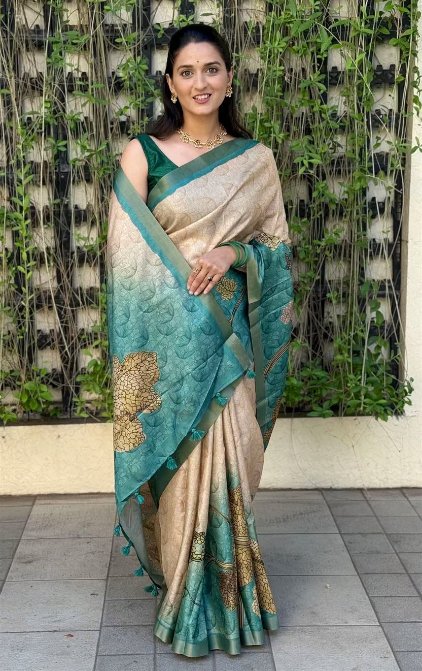 Woman wearing Teal Green Saree in Botanical Print by Ethnic Today.