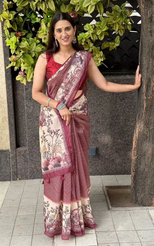 Woman showing Red with Cream Floral Border Chander Silk Saree with Natural Border.