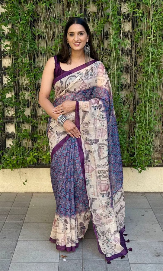 Woman wearing Village Border with Ajrakh Print Silk Saree by Ethnic Today.