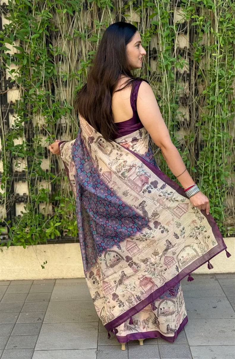 Woman wearing Purple Village Border  saree showing the pallu.