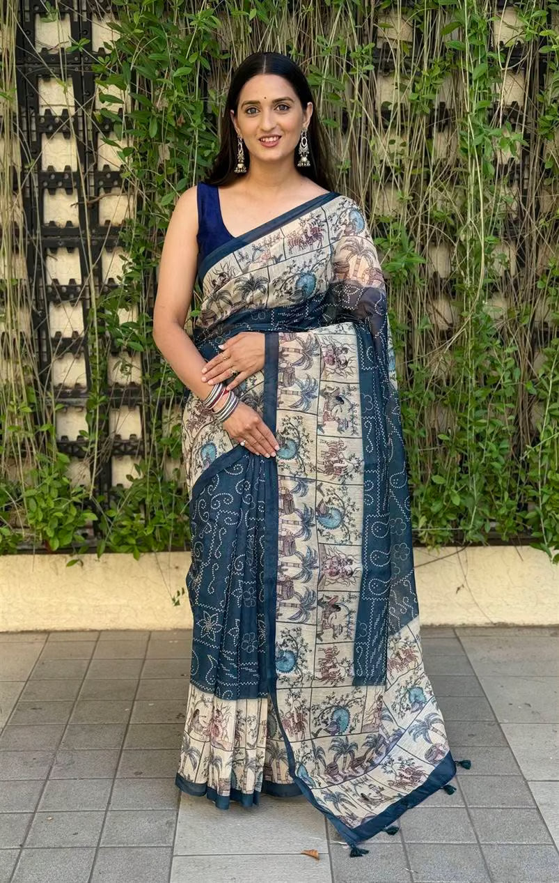 Woman wearing Royal Blue with Cream Border saree by Ethnic Today.