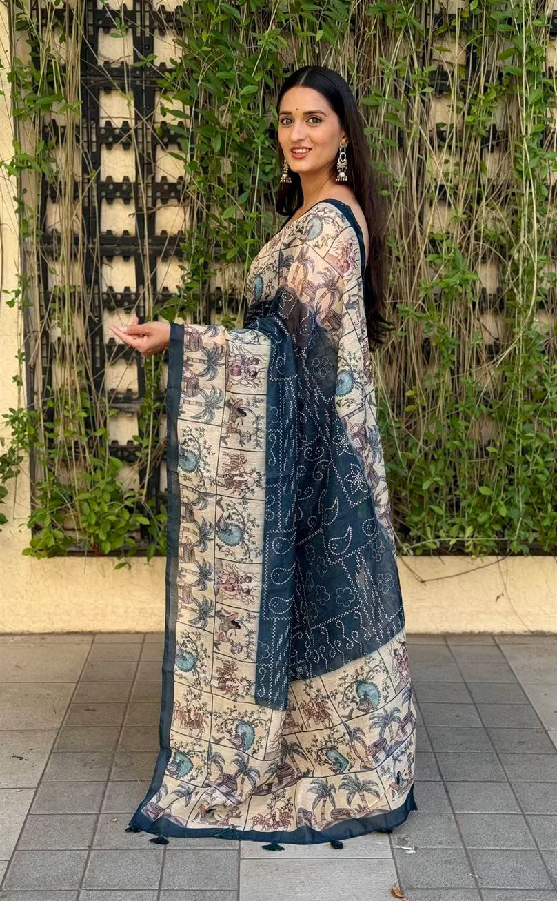 Woman wearing Royal Blue Bandhani Chanderi Silk Saree.