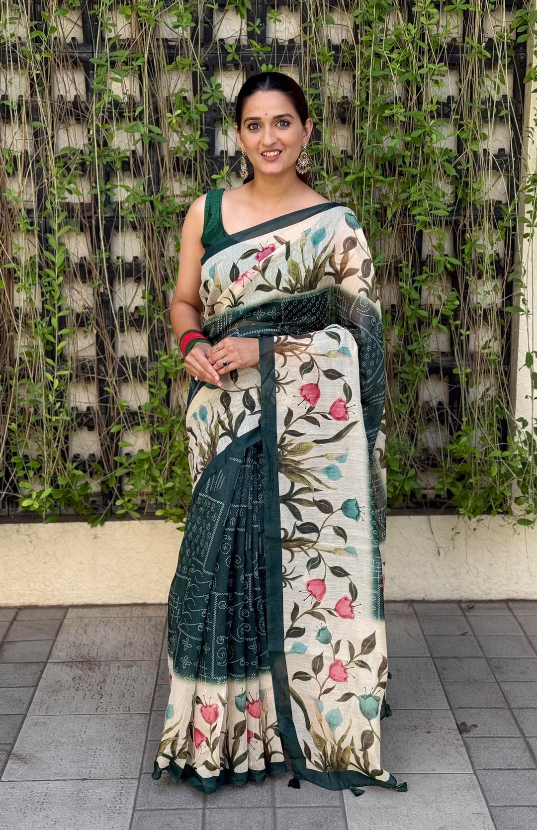 Woman wearing Deep Green Bandhani Chanderi Silk Saree by Ethnic Today.