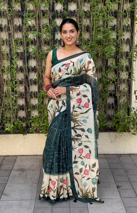 Woman wearing Deep Green Bandhani Chanderi Silk Saree by Ethnic Today.