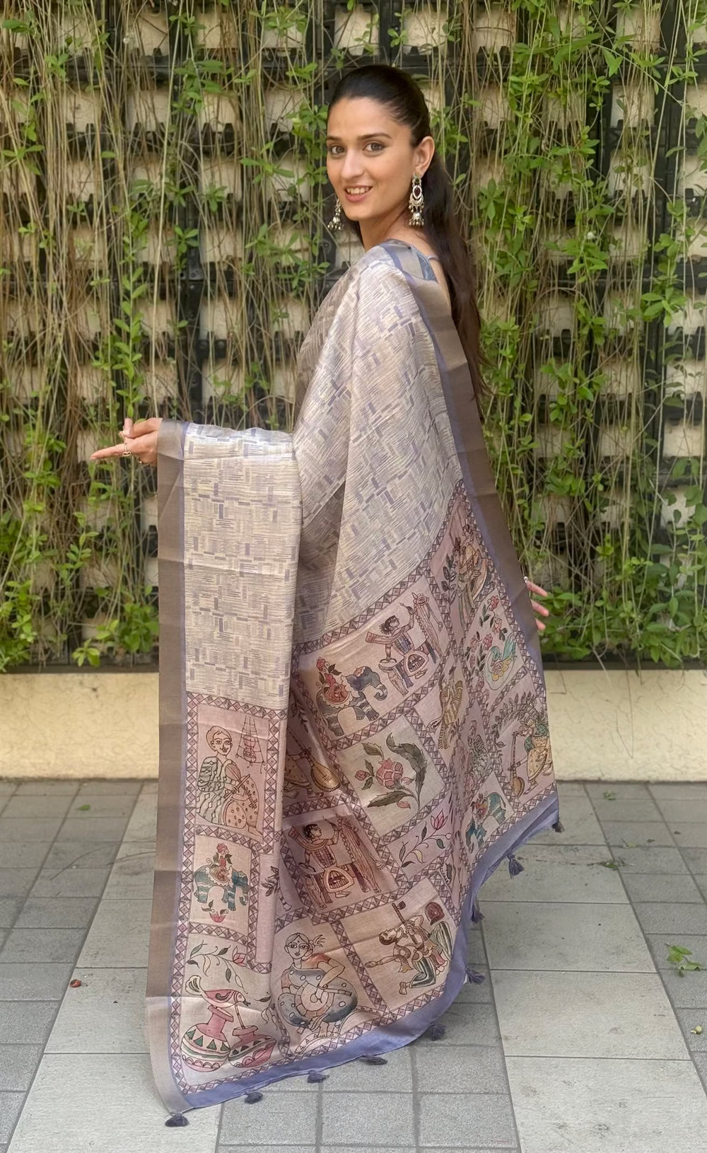 Woman wearing Folk Art Pallu with Geometric Soft Silk Saree by Ethnic Today.