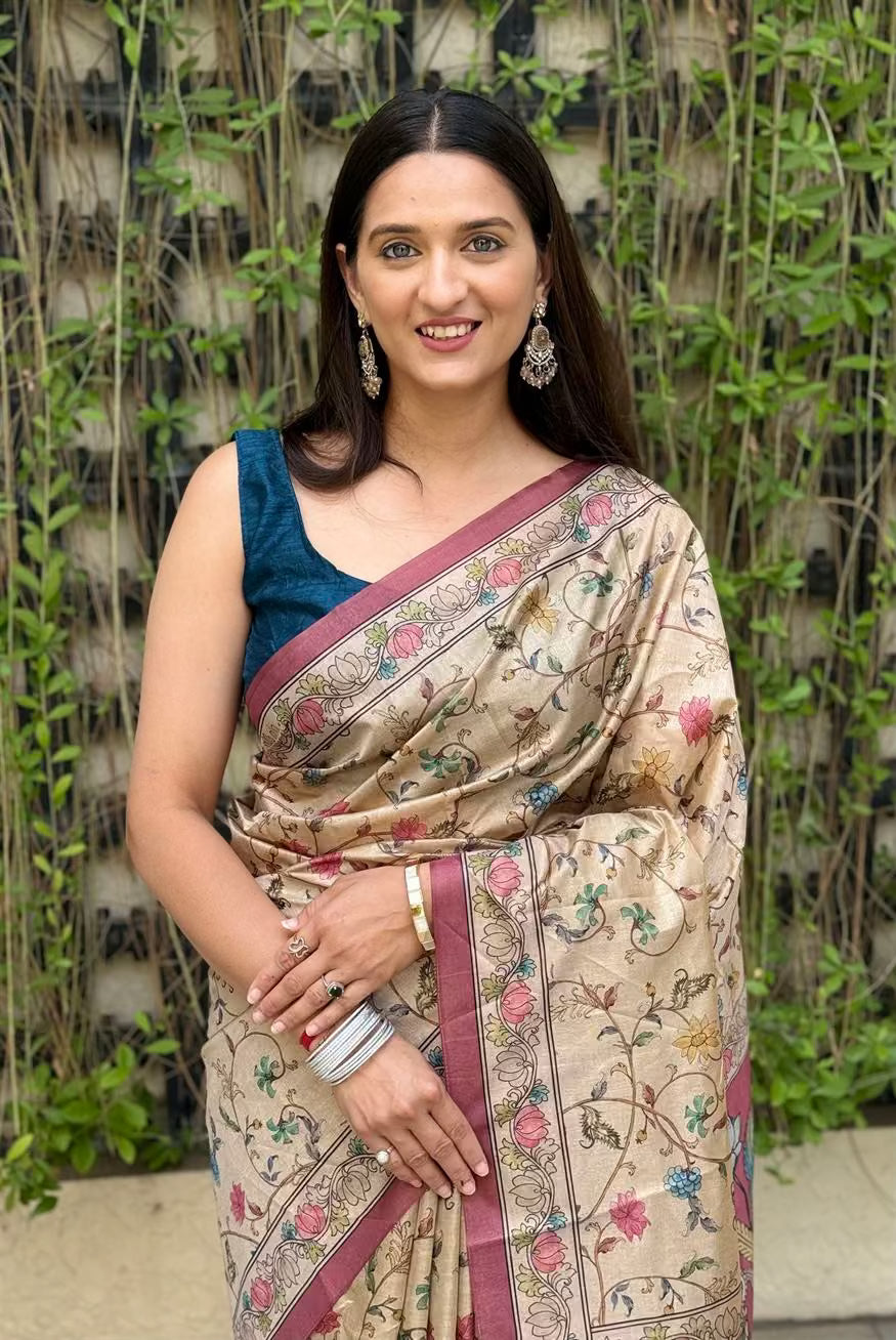 Woman wearing Divine Lotus Pallu Chanderi Silk Saree.