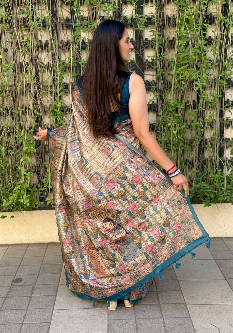 Woman wearing Teal Border Lotus Grid Chanderi Silk Saree by Ethnic Today.