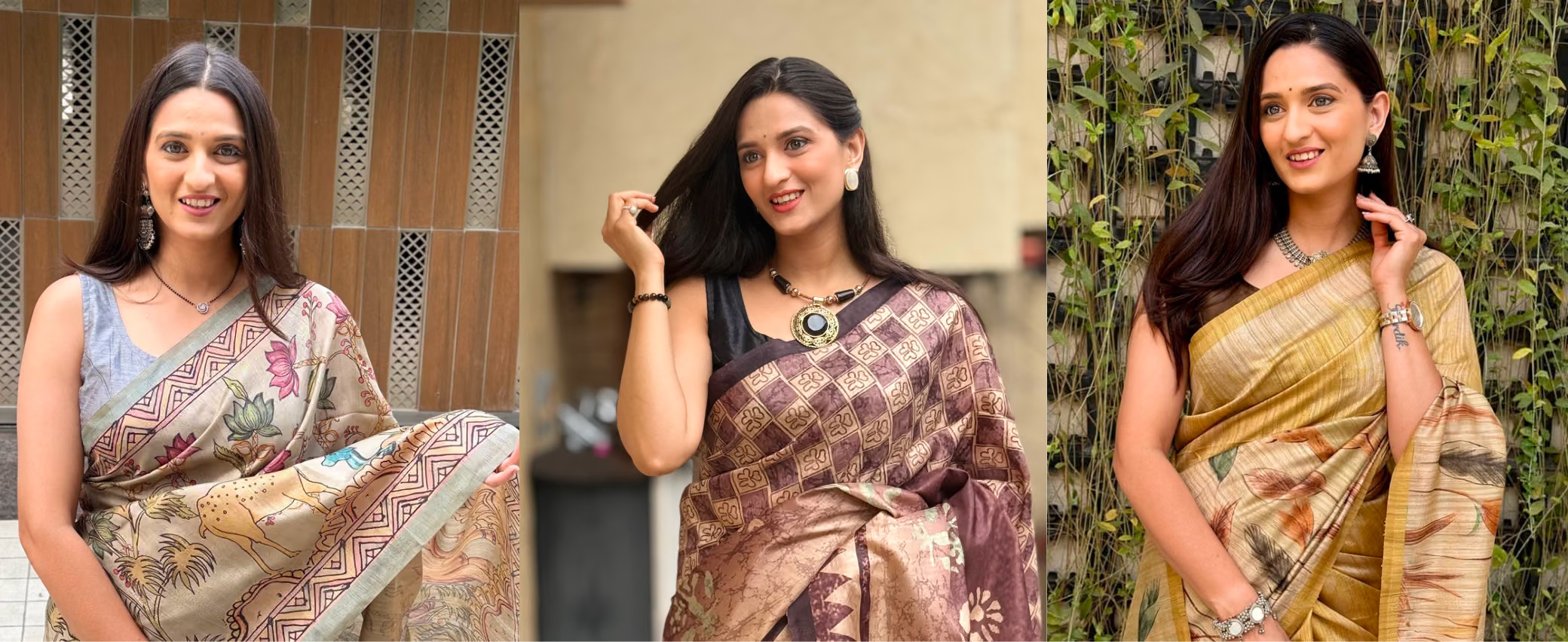 Three women wearing sarees in different colors and patterns by Ethnic Today.
