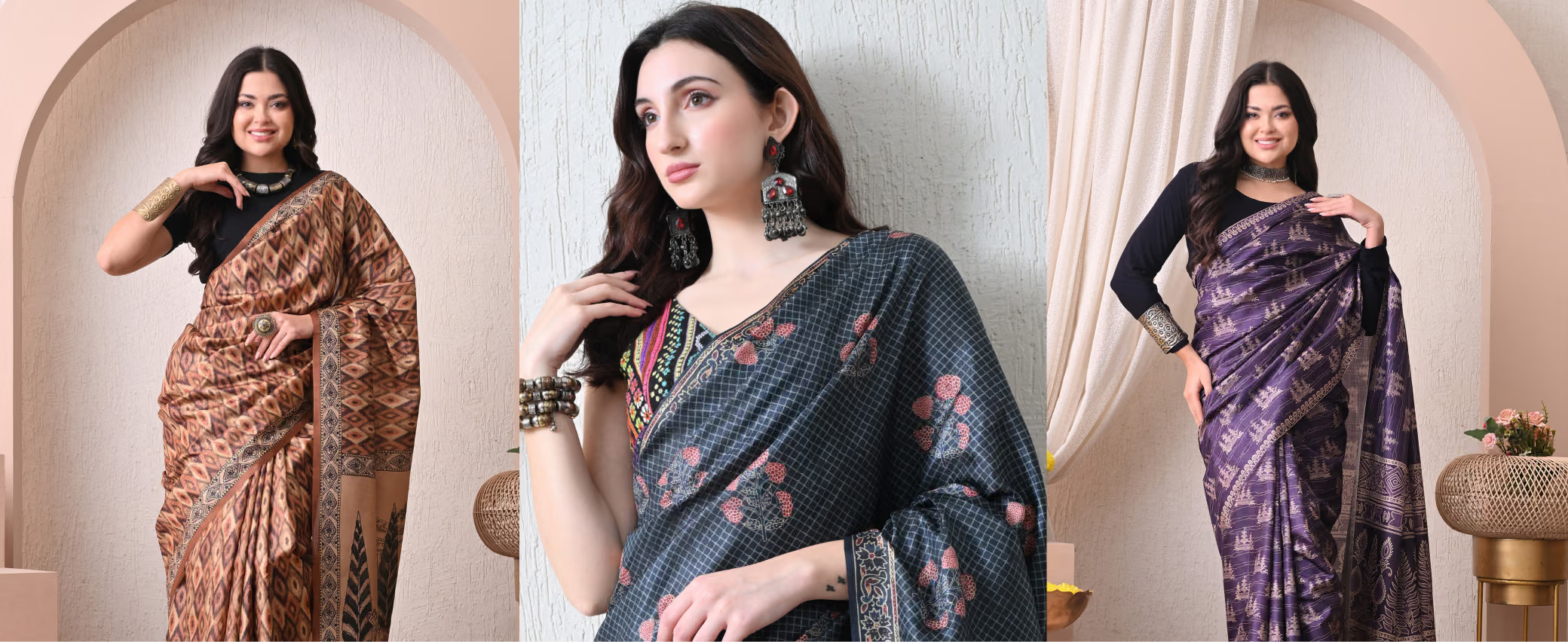 Three women wearing sarees in a different decorative setting