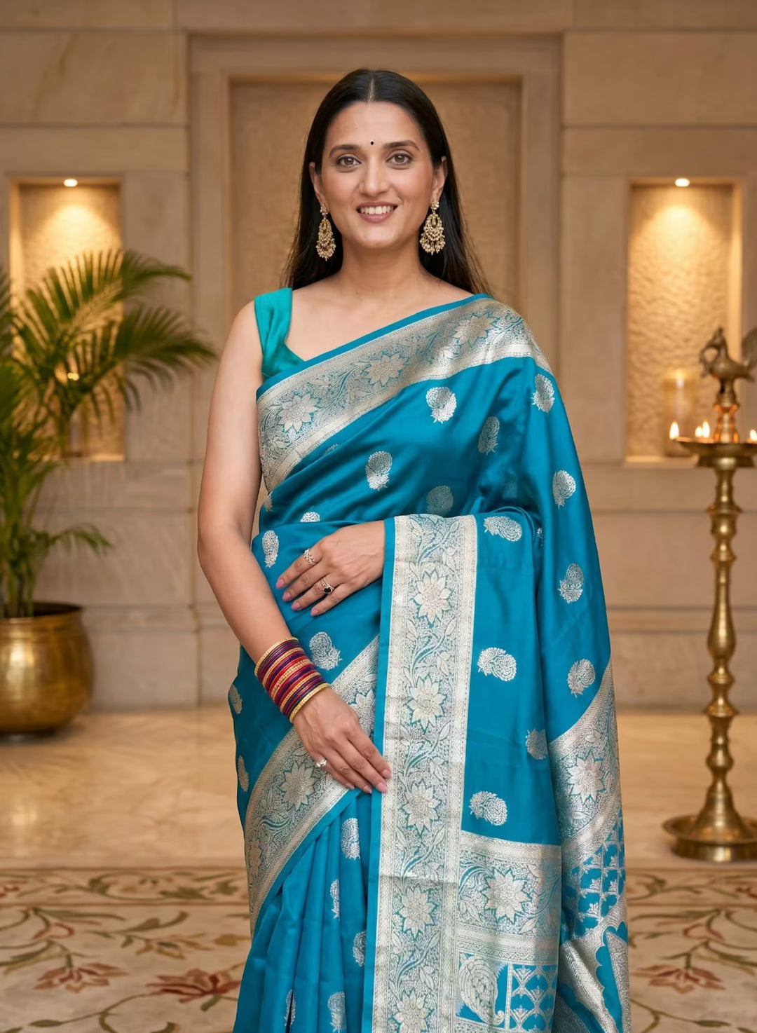 Woman wearing Deep cyan jacquard saree by Ethnic Today.