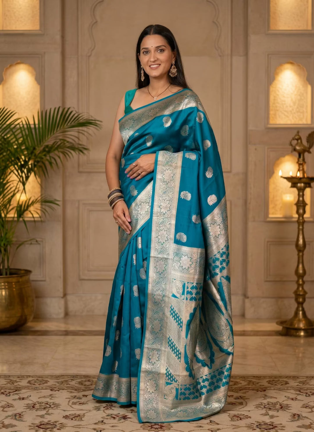Woman wearing Banarasi Deep Cyan Saree.