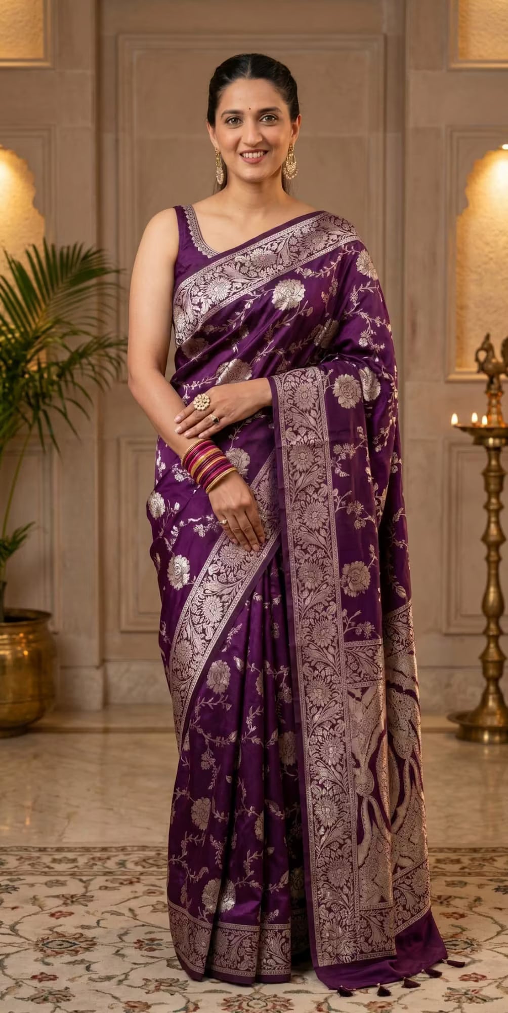 Woman in Floral Jaal Jacquard saree by Ethnic Today.