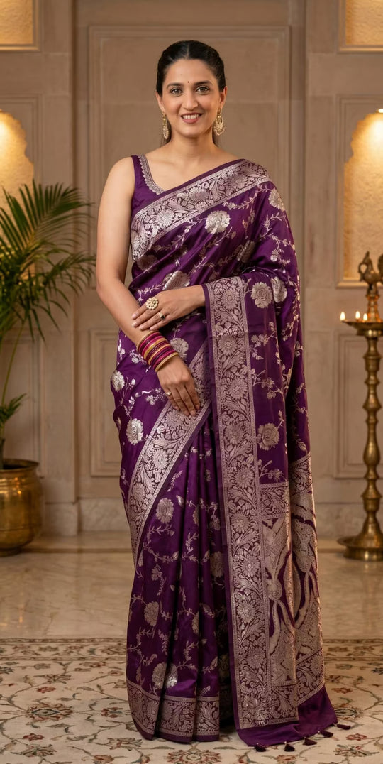 Woman in Floral Jaal Jacquard saree by Ethnic Today.