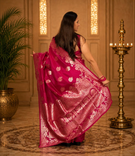 Woman in Rani pink Jacquard in floral pattern saree by Ethnic Today.