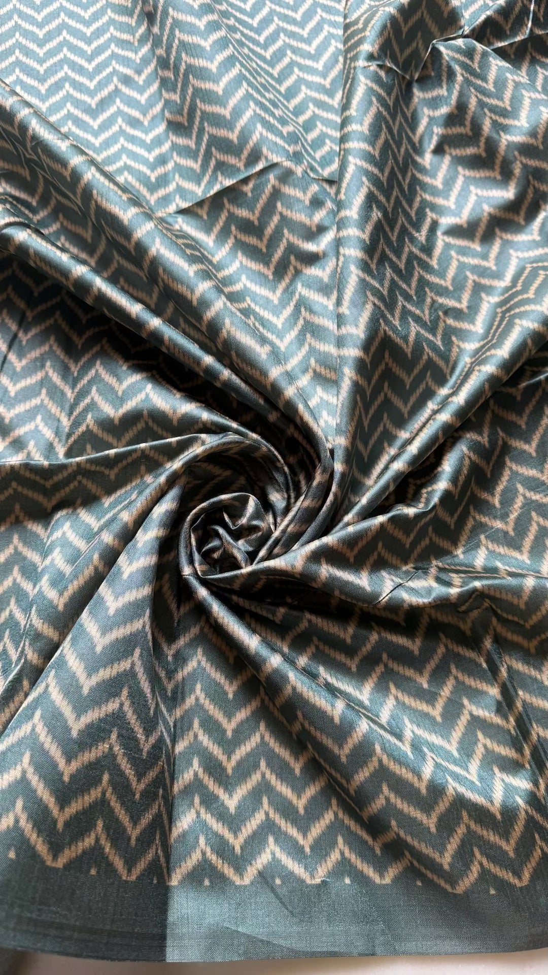 Chevron print Teal blue blouse fabric with solid border by Ethnic Today.