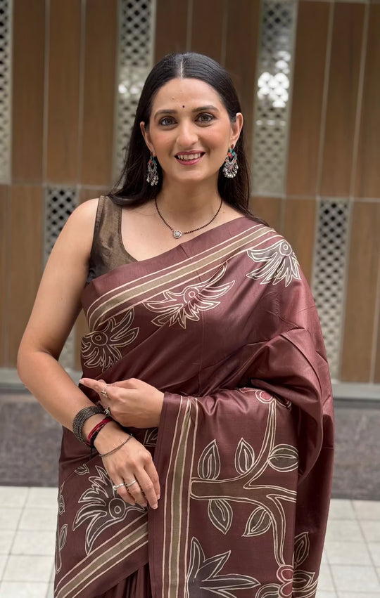 A woman wearing a brown silk saree with beige floral patterns, standing in front of a tiled wall.

