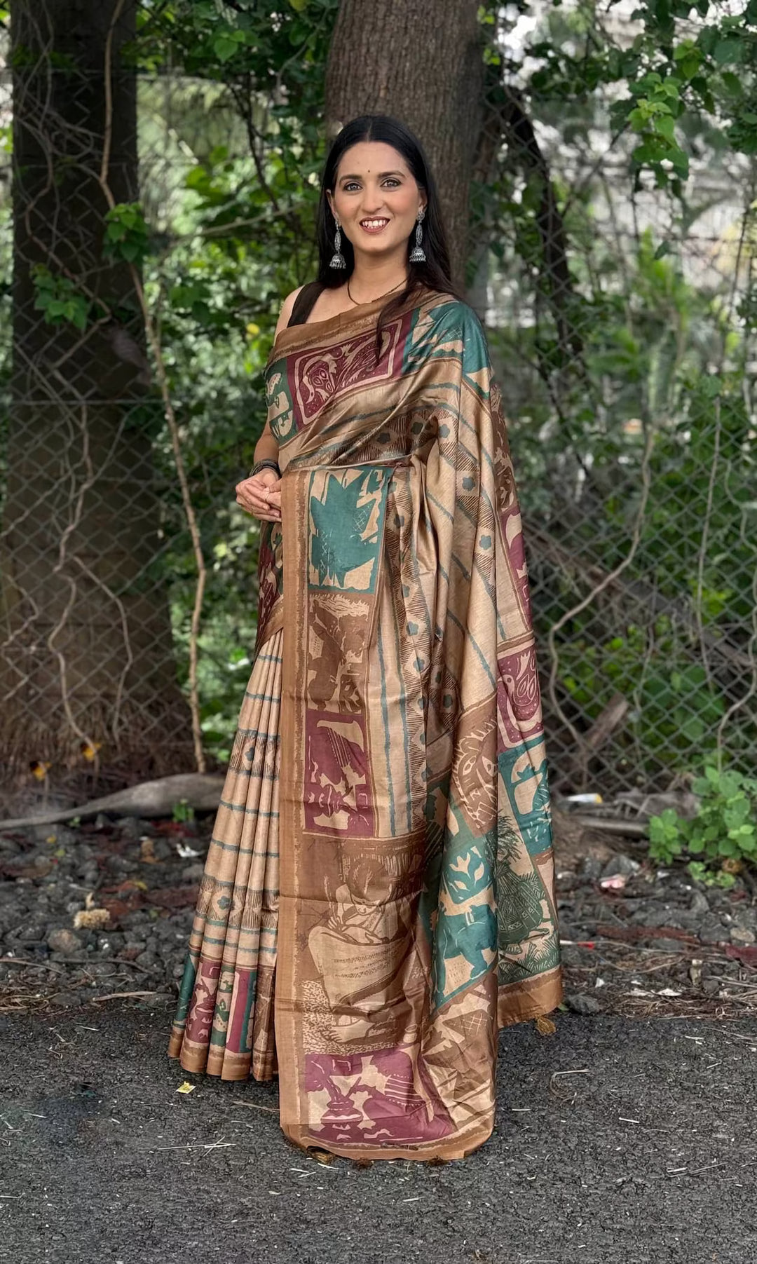 Beige Multicolour striped tussar silk saree for woman .